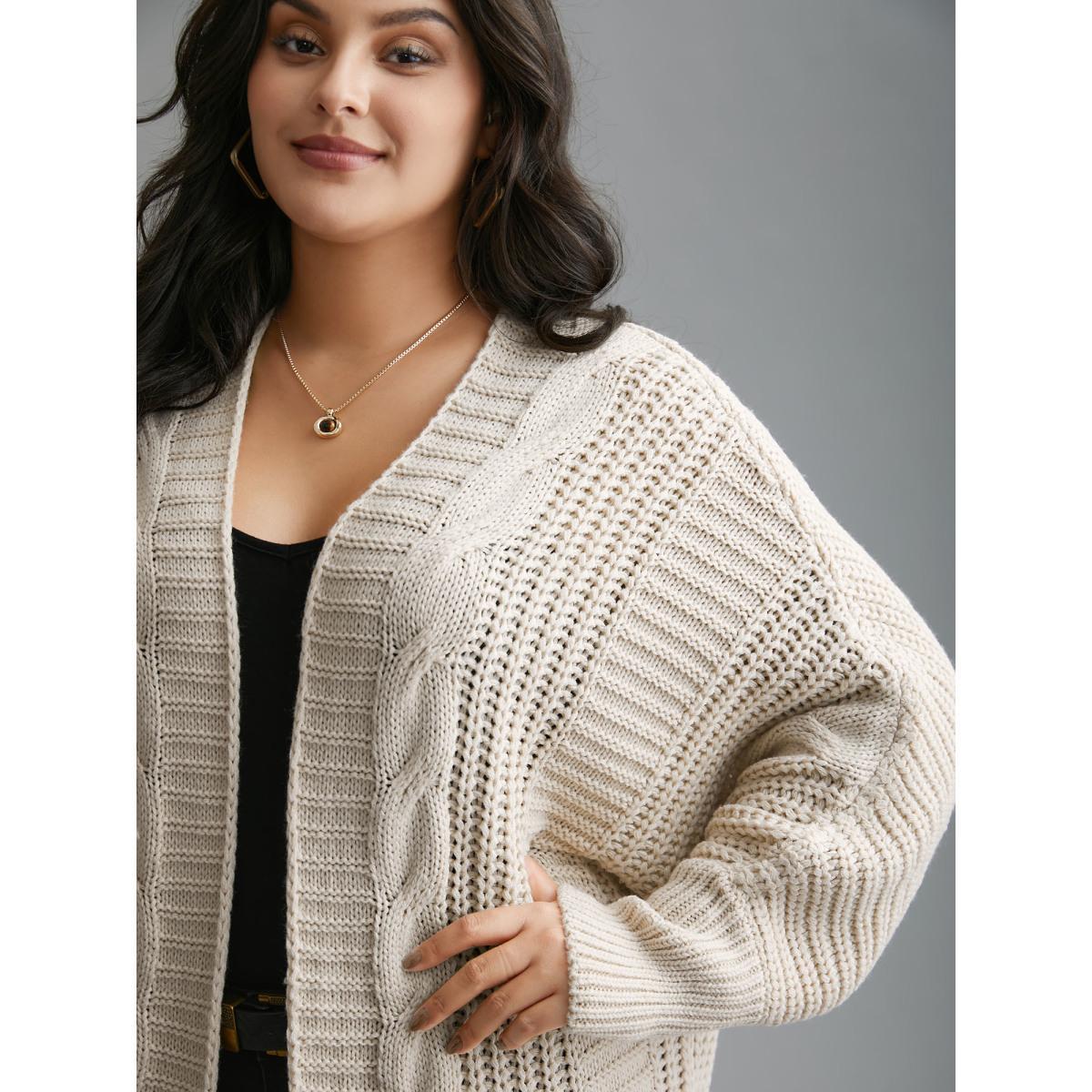 Plus Size Cable Knit Open-Front Ribbed Knit Cardigan Apricot Women Casual Loose Long Sleeve Everyday Cardigans BloomChic 30/6X Product Image
