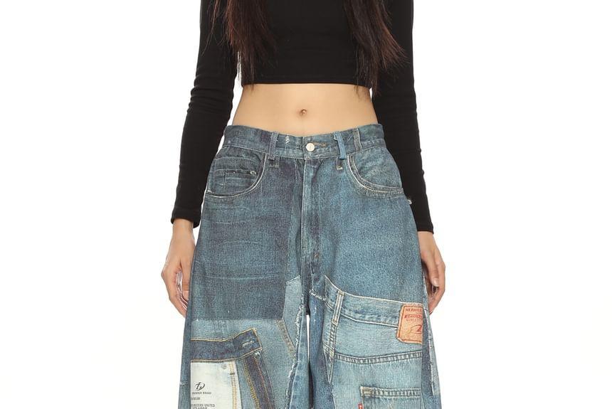 Mid Rise Patchwork Washed Wide Leg Jeans Product Image