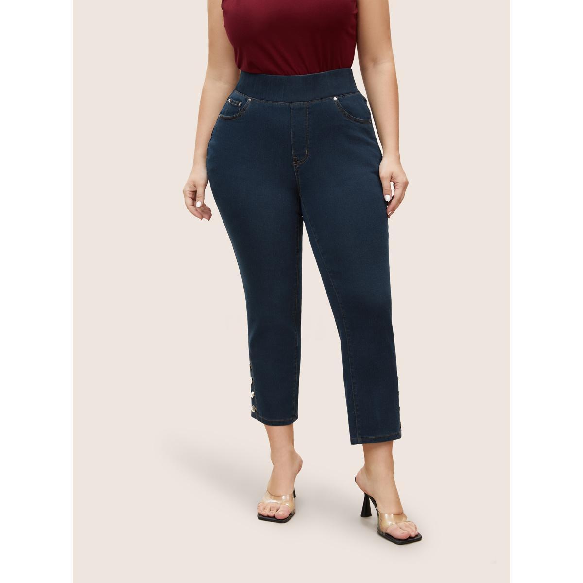 Plus Size Black Wash Button Detail Elastic Wais Slim Jeans Women Denimindigo Elegant Plain Non High stretch Pocket Jeans BloomChic 16/1X Product Image