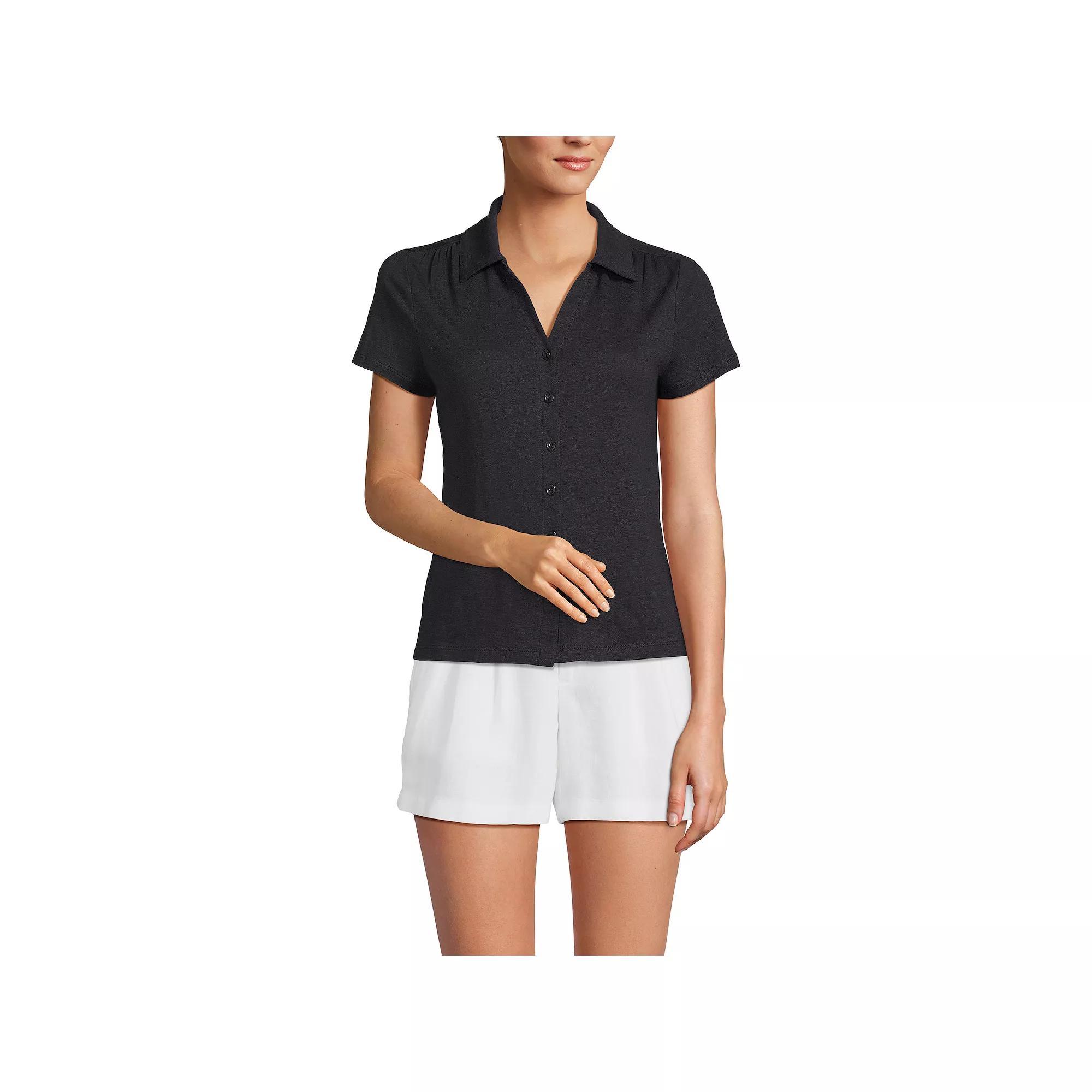 Women's Lands' End Short Sleeve Button Front Polo, Size: Small, Black Product Image