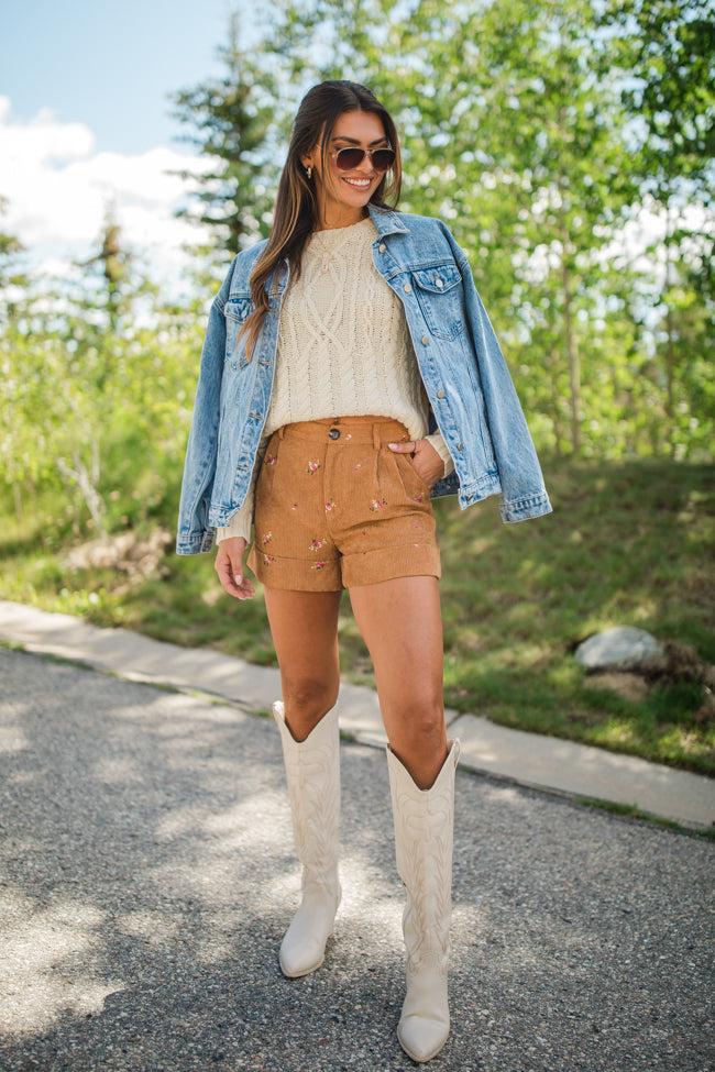 So Glad We're Buds Brown Floral Embroidered Corduroy Shorts FINAL SALE Product Image
