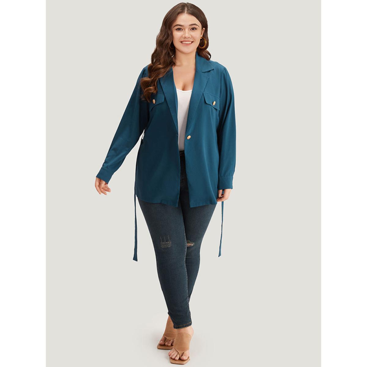 Plus Size Plain Lapel Collar Belted Metal Detail Blazer Cyan Women Dailywear Plain Plain Sleeve Long Sleeve Lapel Collar 30/6X Belt Casual Blazers BloomChic Product Image