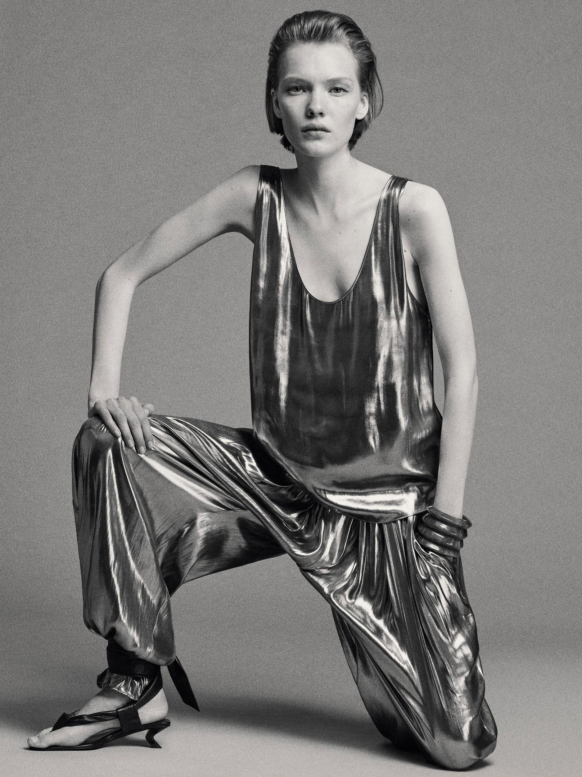 Flowing metallic trousers with gathered detail Product Image