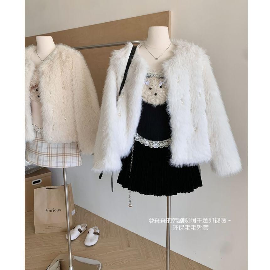 Round Neck Beaded Fluffy Jacket Product Image