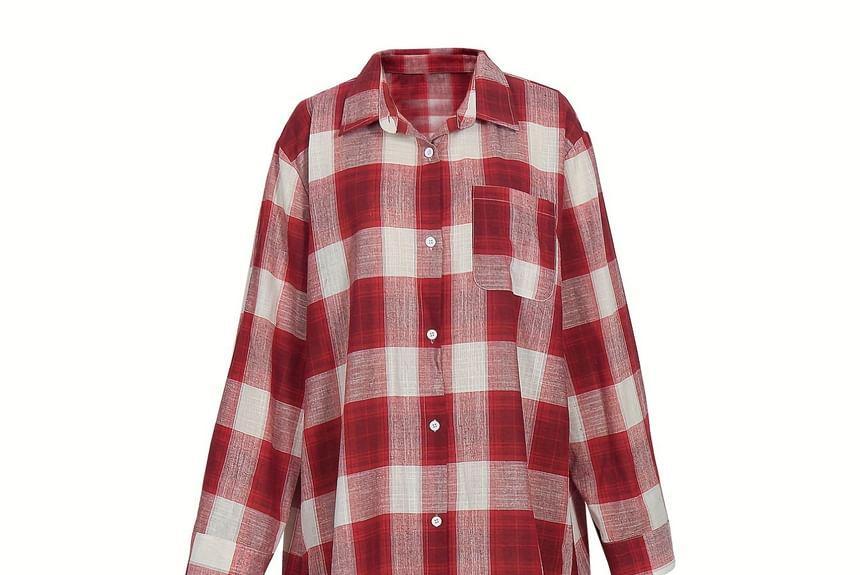 Long Sleeve Collared Plaid Button Down Maxi Shirt Dress Product Image