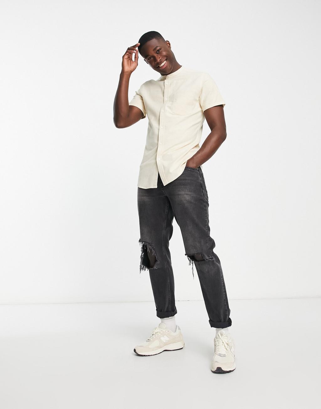 ASOS DESIGN slim oxford shirt with band collar in light beige yarn dye Product Image