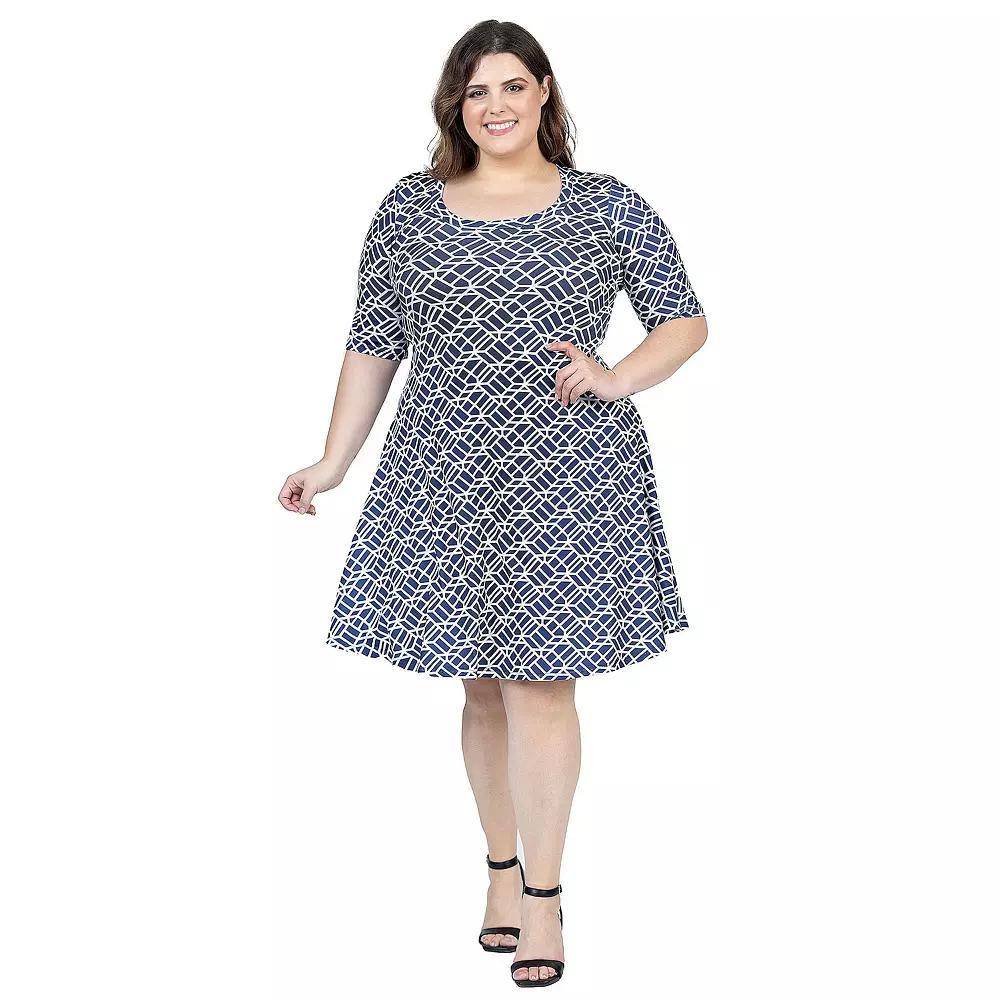 Plus Size 24Seven Comfort Apparel Geometric Print Knee Length Elbow Sleeve Dress, Womens Blue Team Product Image
