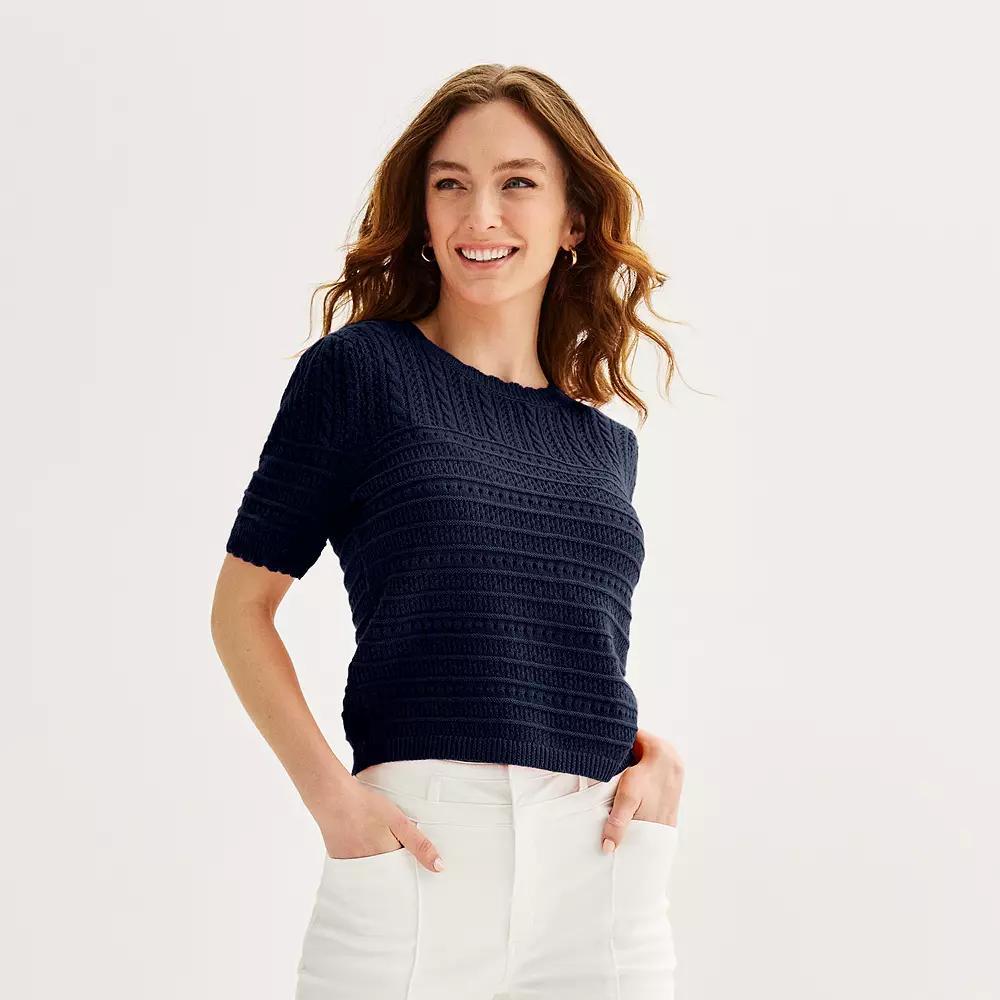 Women's Draper James Short Sleeve Pointelle Sweater, Size: Large, Blue Product Image