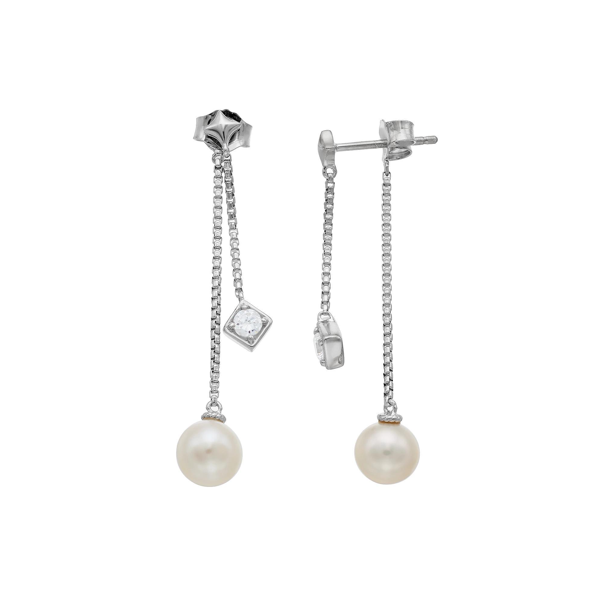 Sterling Silver Freshwater Cultured Pearl & Cubic Zirconia Linear Front Back Earrings, Women's Product Image