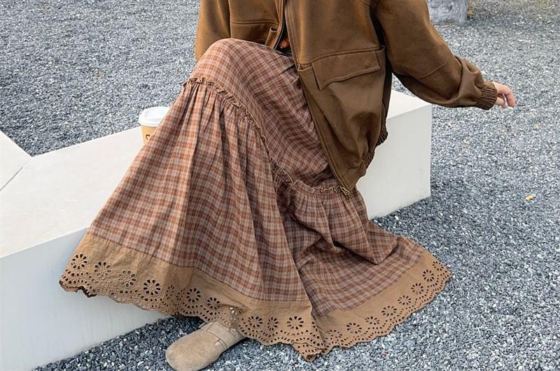 Faux Leather Zip-Up Jacket / High Waist Plaid Maxi A-Line Skirt Product Image