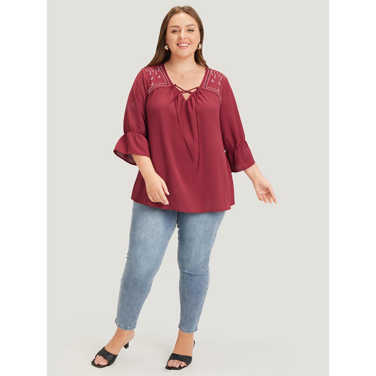 Plus Size Burgundy Plain Embroidered Lace Up Bell Sleeve Blouse Women Vacation Elbow-length sleeve V-neck Dailywear Blouses BloomChic 22-24/3X Product Image