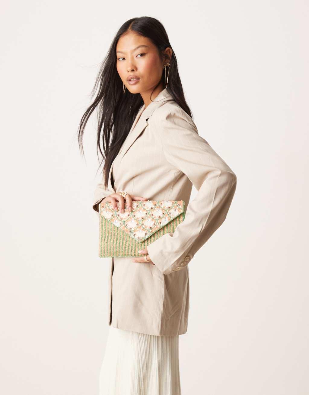 True Decadence floral beaded envelope clutch bag in pink and green Product Image