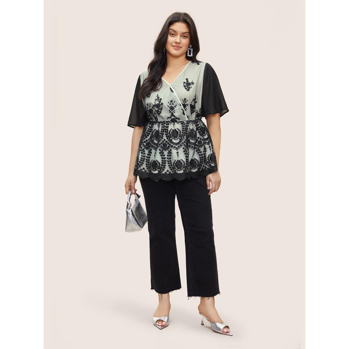 Plus Size Black Boho Print Lace Panel Mesh Wrap Blouse Women Cocktail Short sleeve Overlap Collar Party Blouses BloomChic 10/M Product Image