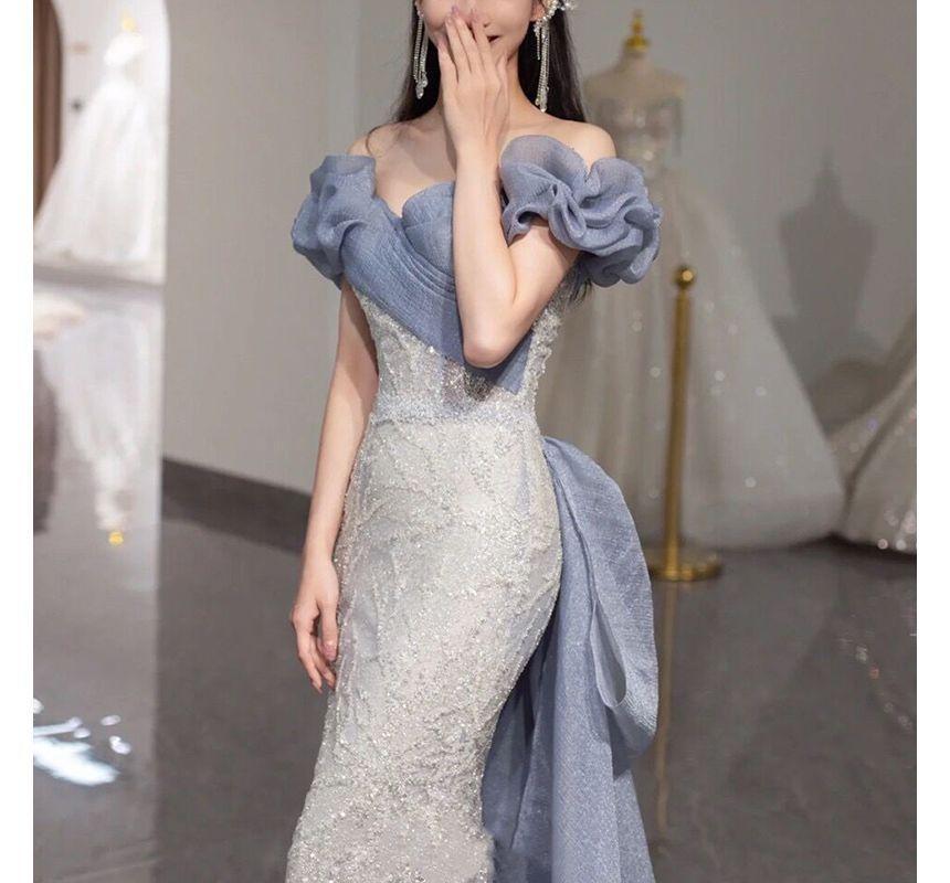 Off-Shoulder Embroidered Ruffled Bow Back Mermaid Evening Gown Product Image