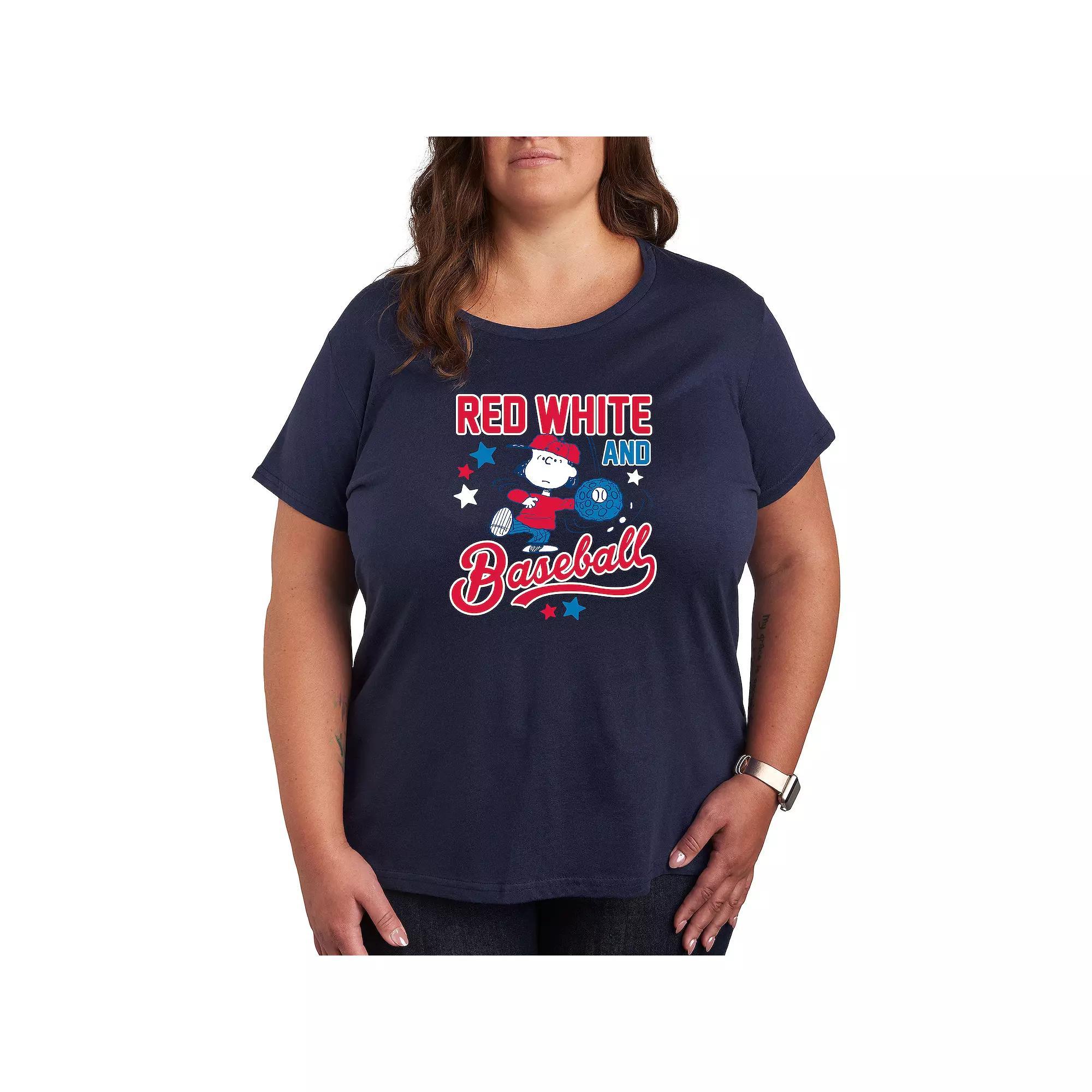Plus Peanuts Red White Baseball Lucy Graphic Tee, Womens Grey Gray Product Image