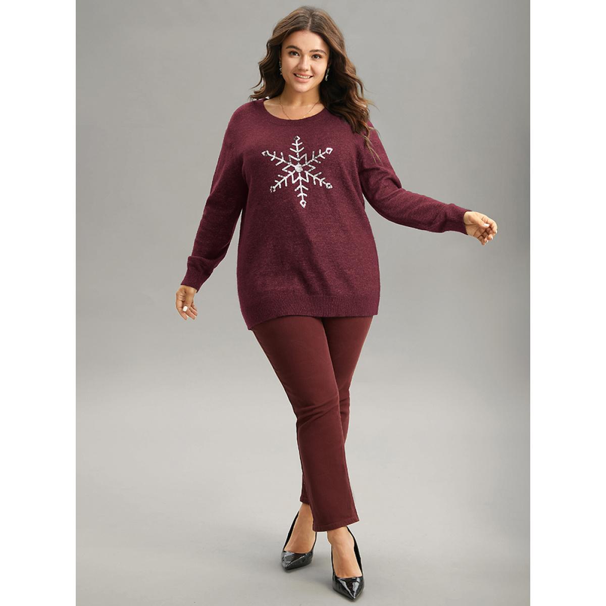 Plus Size Anti-Pilling Sequin Snowflake Round Neck Pullover Burgundy Women Casual Loose Long Sleeve Round Neck Festival-Christmas Pullovers BloomChic 28/5X Product Image