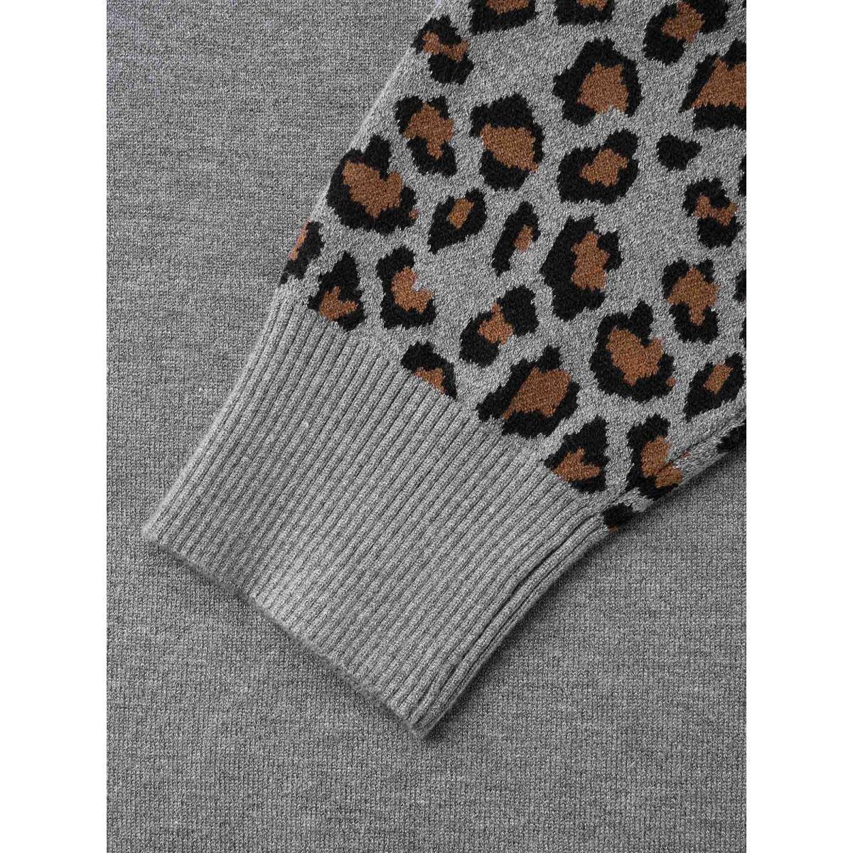 Plus Size Leopard Print Raglan Sleeve Pullover DarkGray Women Casual Loose Long Sleeve Round Neck Everyday Pullovers BloomChic 10/M Product Image