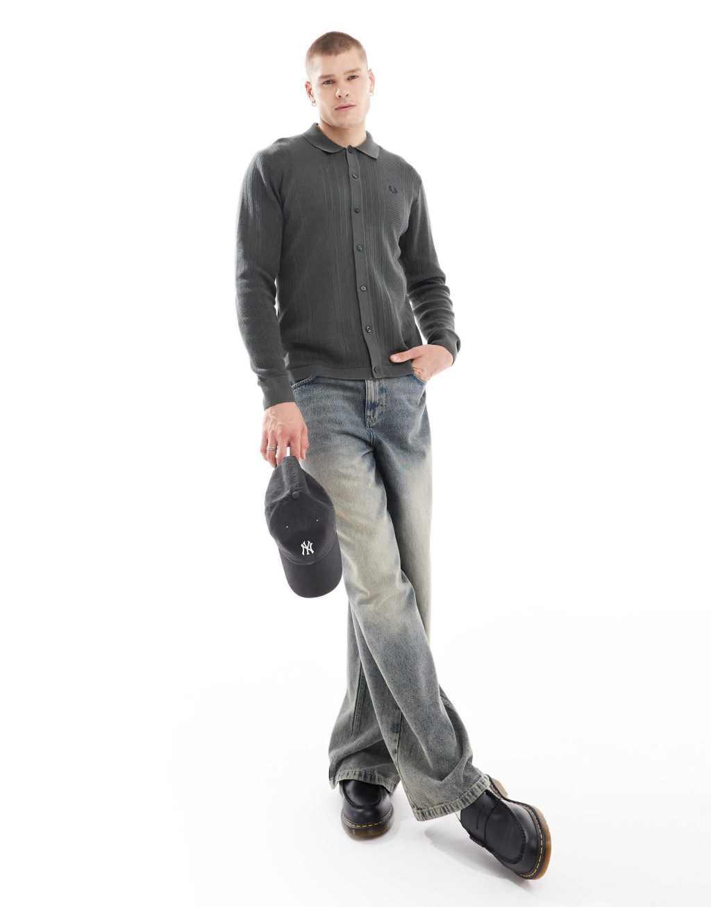 Fred Perry pointelle panel long sleeve knitted shirt in dark green Product Image