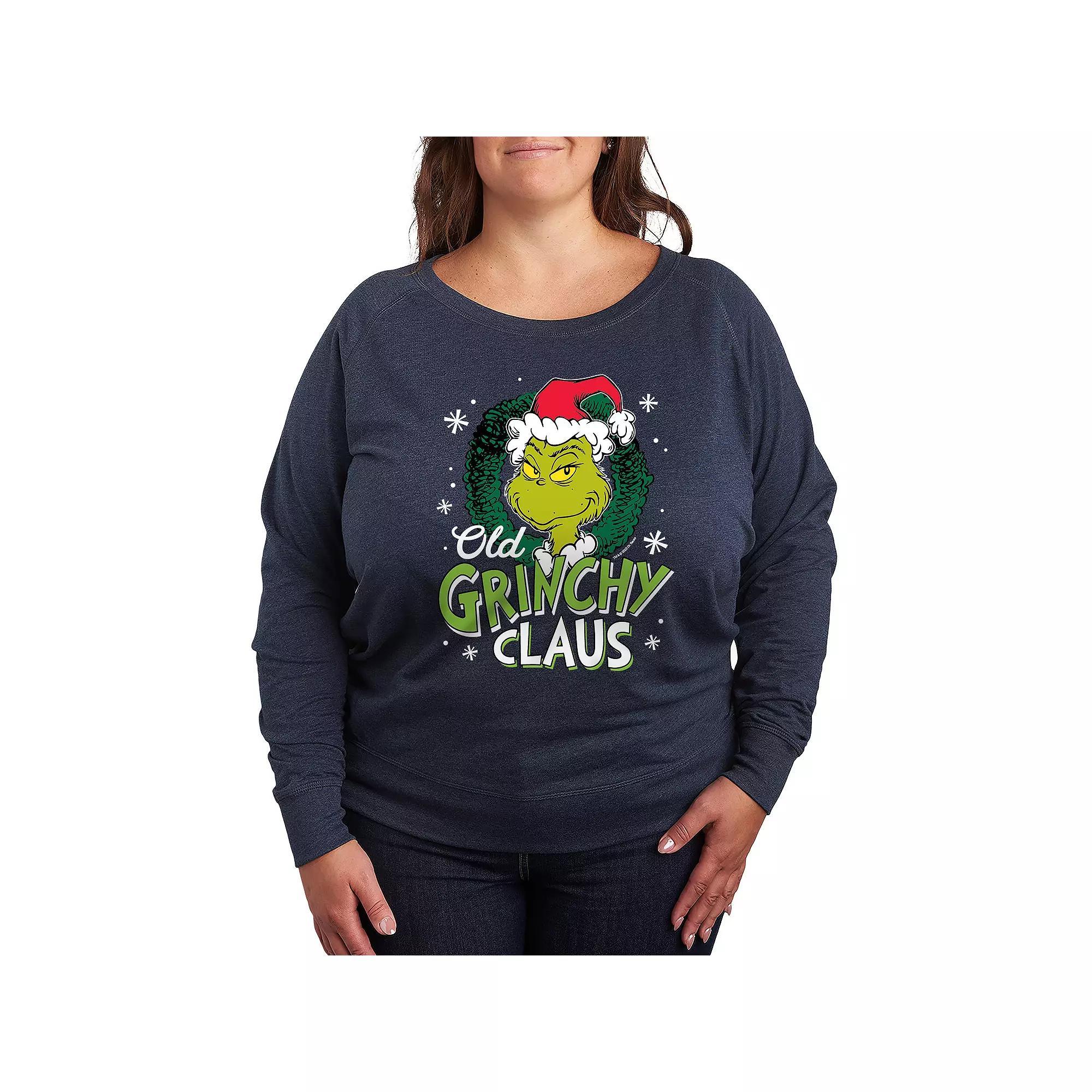 Plus Size Dr. Seuss Old Grinchy Claus French Terry Long Sleeve Tee, Womens Grey Indigo Product Image