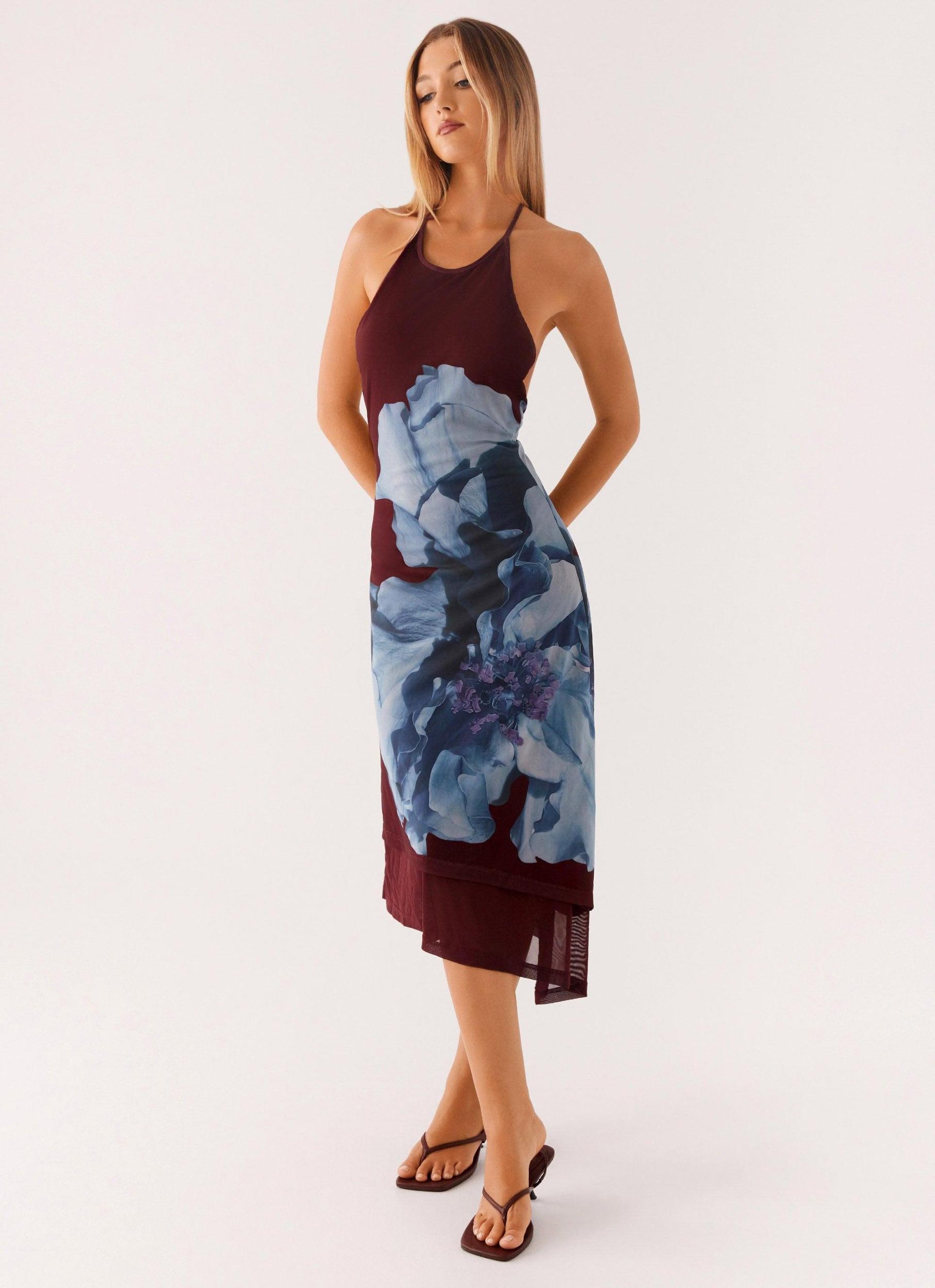 Brinley Halterneck Midi Dress - Maroon Print Product Image