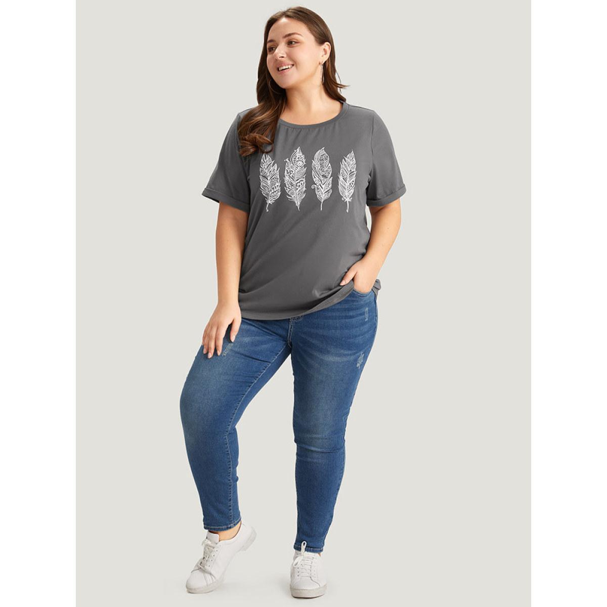 Plus Size Feather Print Roll Sleeve T-shirt DimGray Women Casual Printed Feather Dailywear T-shirts BloomChic 14-16/1X Product Image