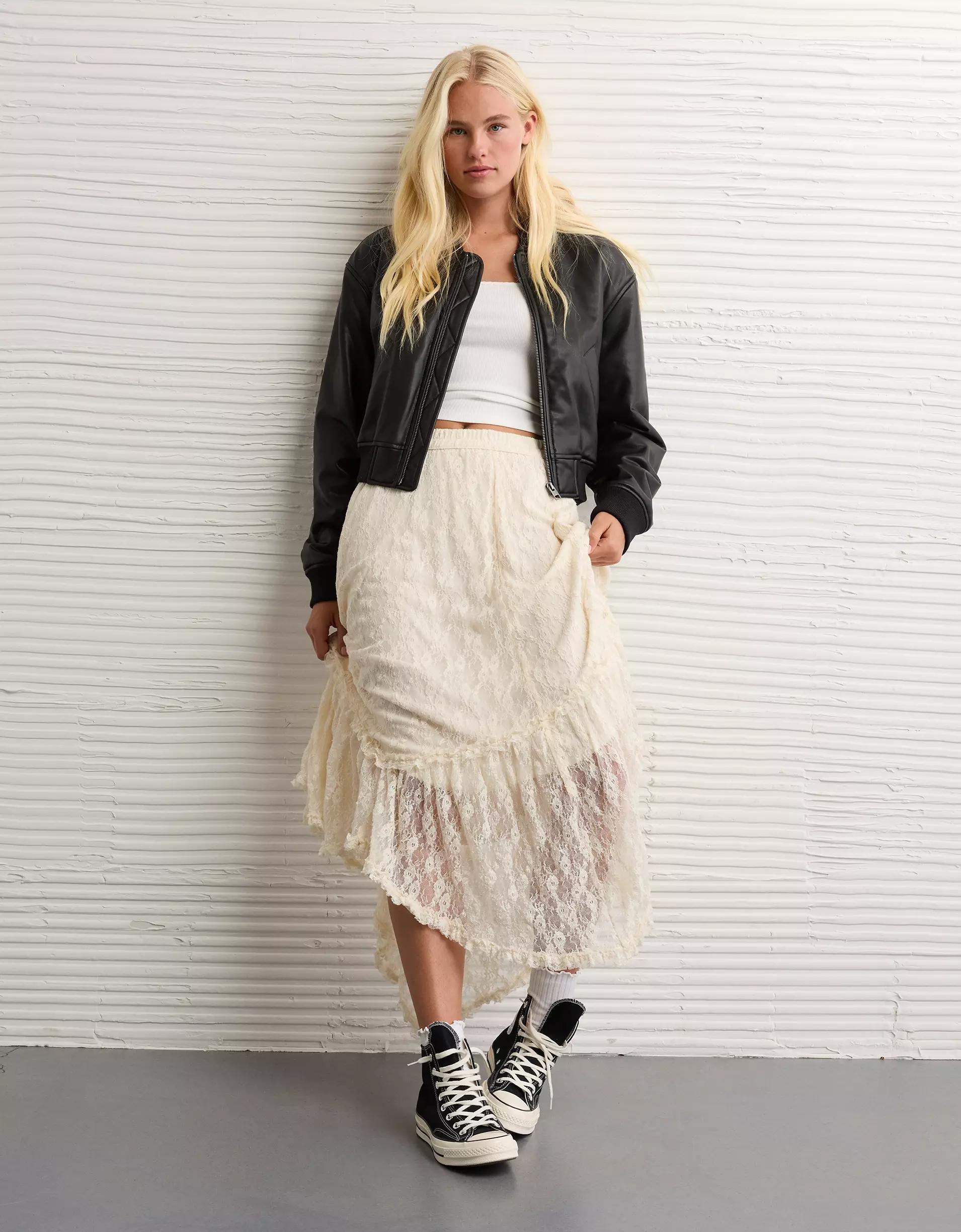 AE Faux Leather Cropped Bomber Jacket Product Image