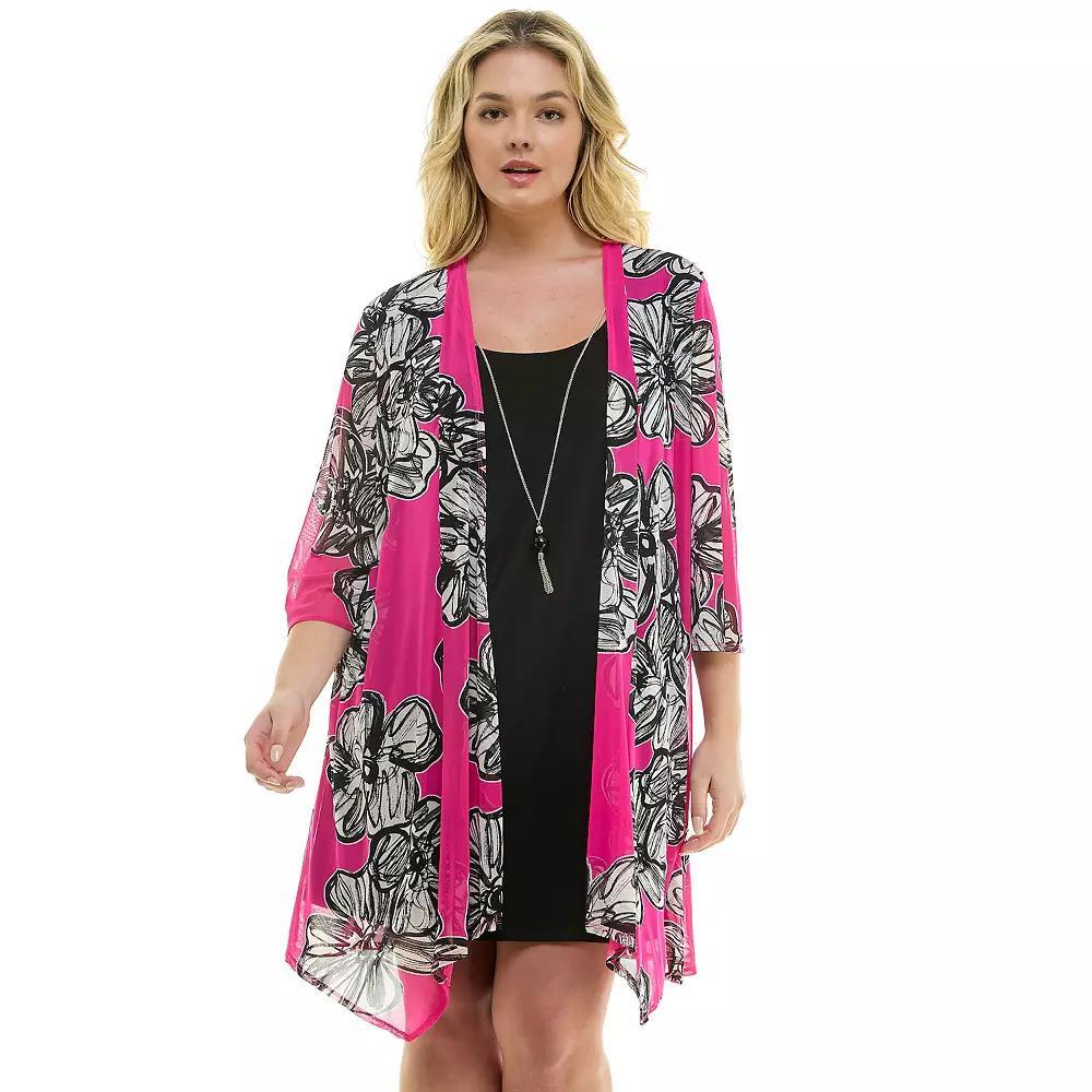 Plus Size Luxology 2-Piece 3/4 Sleeve Cardigan & Dress Set, Women's, Size: 3XL, Pink White Black Product Image