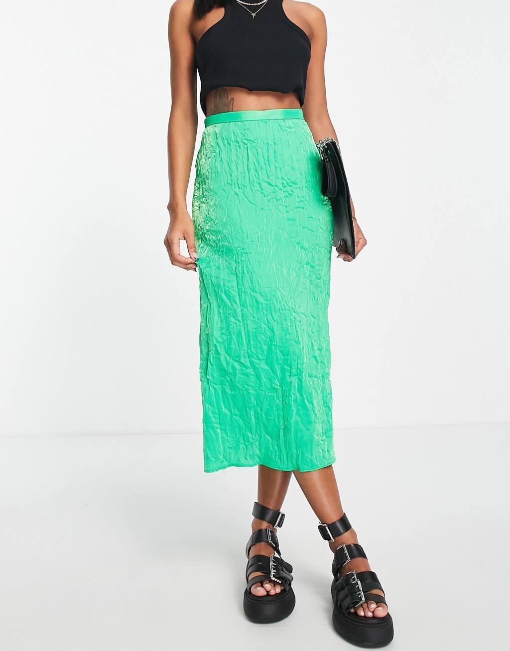 Topshop premium crinkle satin midi skirt Product Image