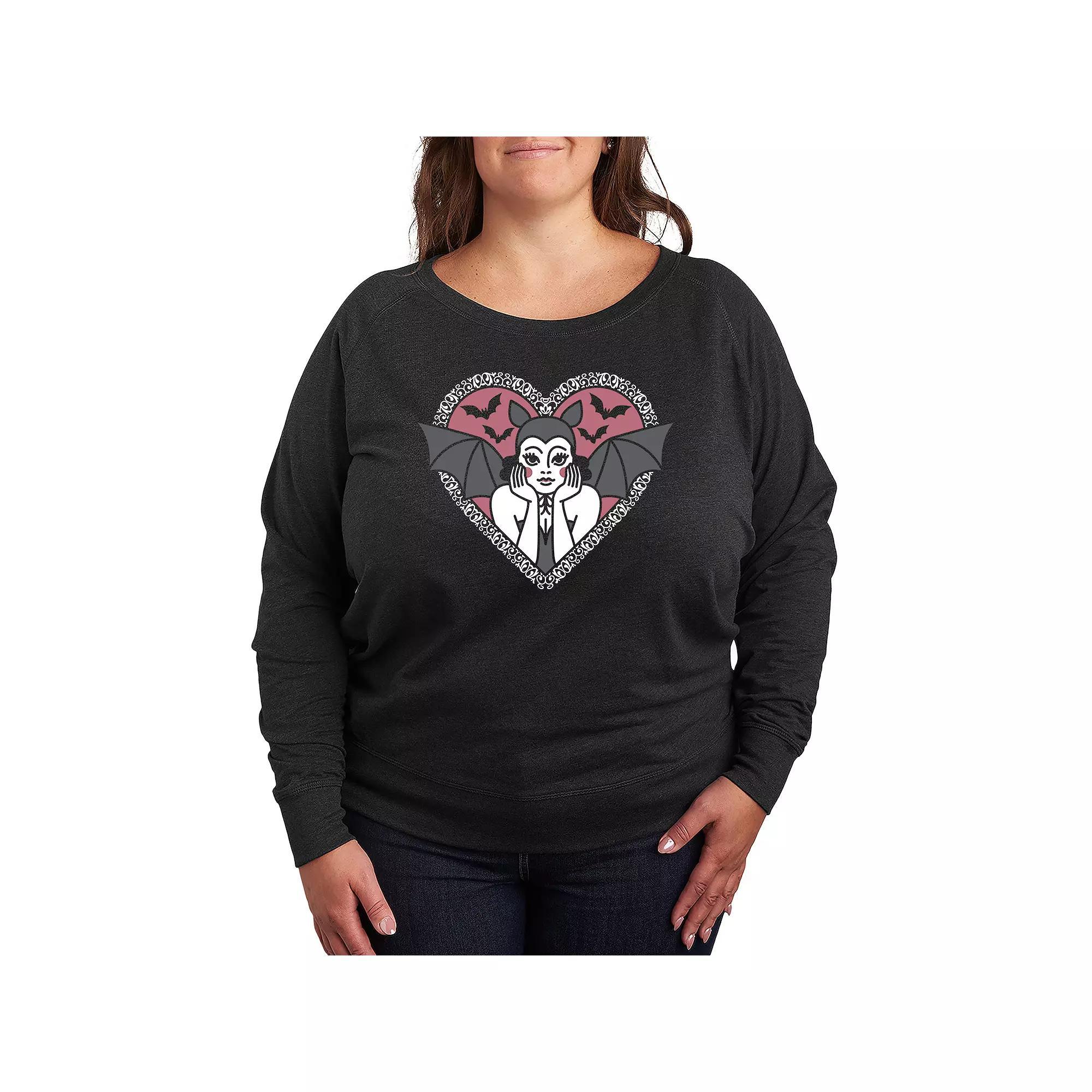 Plus Size Bat Pinup French Terry Long Sleeve Tee, Womens Heather Grey Product Image