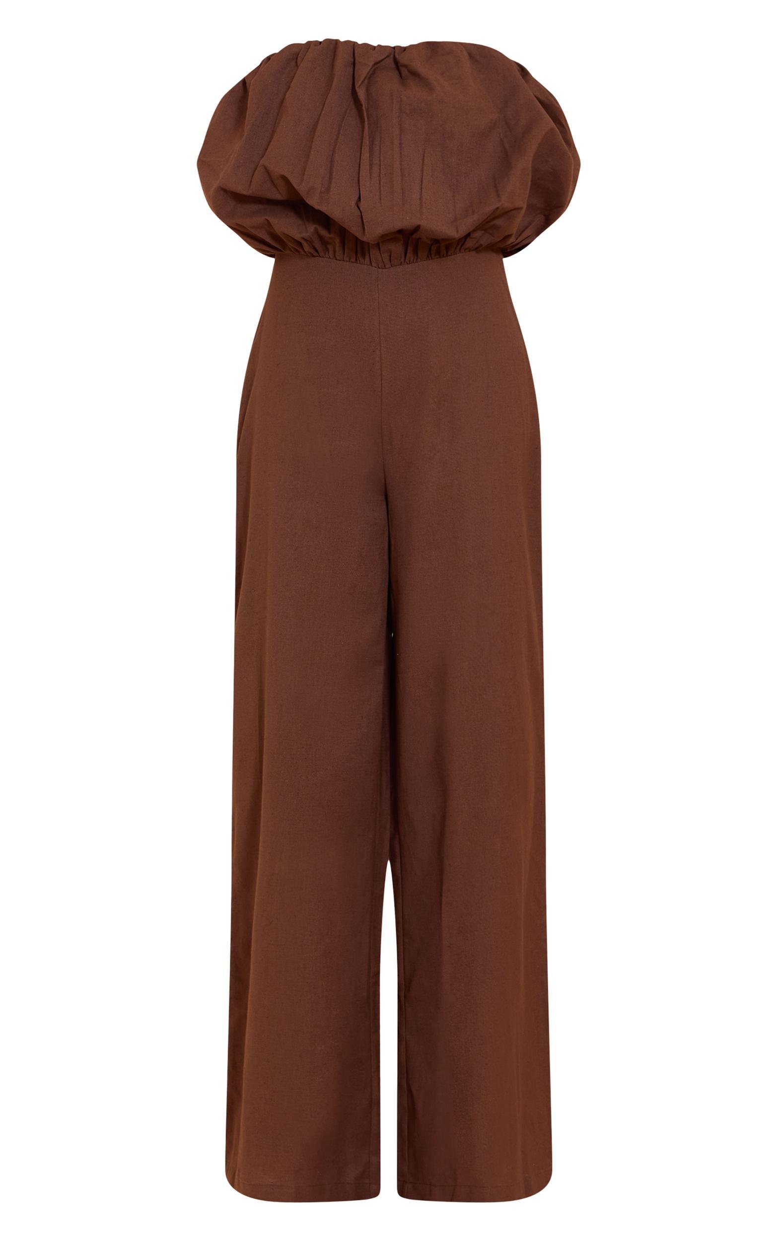  Dark Chocolate Cotton Puffball Bandeau Straight Leg Jumpsuit Product Image