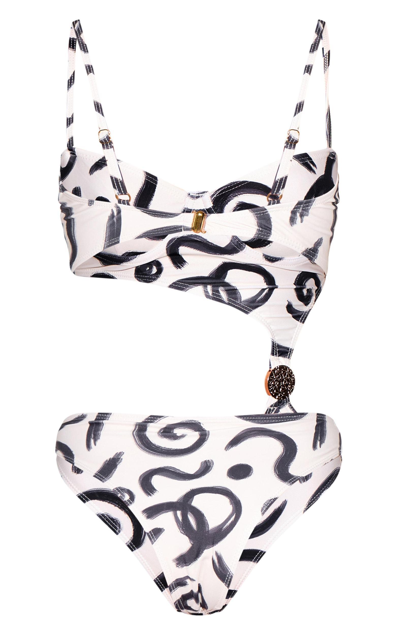 Monochrome Swirl Print Underwired Cut Out Swimsuit Product Image