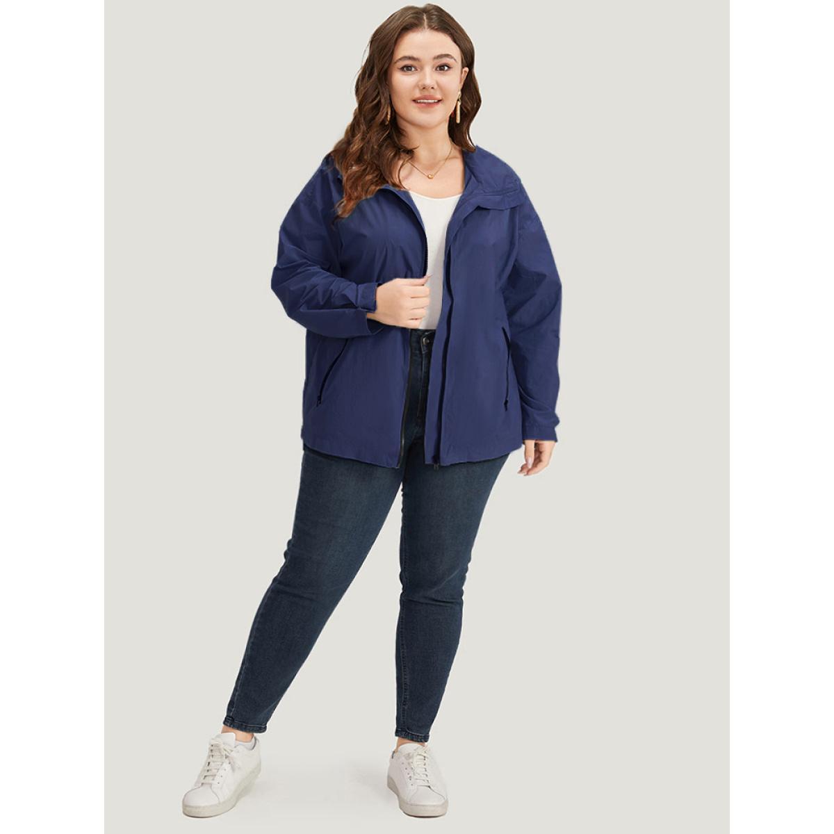 Plus Size Plain Hooded Pocket Zipper Fly Jacket Women DarkBlue Plain Pocket Dailywear Jackets BloomChic 22-24/3X Product Image