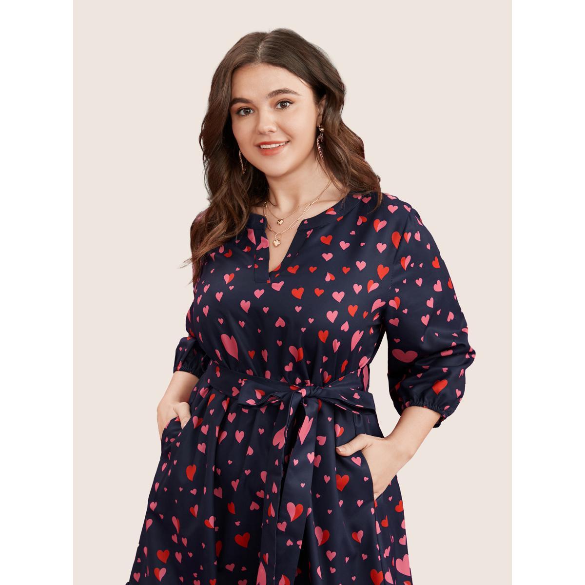 Plus Size Heart Print V Neck Pocket Belted Lantern Sleeve Ruffles Dress Navy Women Elegant Non V-neck Elbow-length sleeve Curvy Midi Dress BloomChic 26/4X Product Image