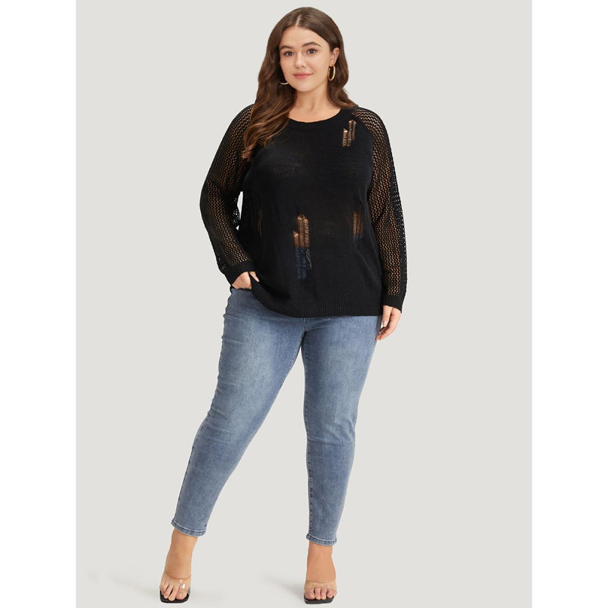 Plus Size Hollow Out Patchwork Raglan Sleeve Ripped Pullover Black Women Casual Loose Long Sleeve Round Neck Dailywear Pullovers BloomChic 10/M Product Image