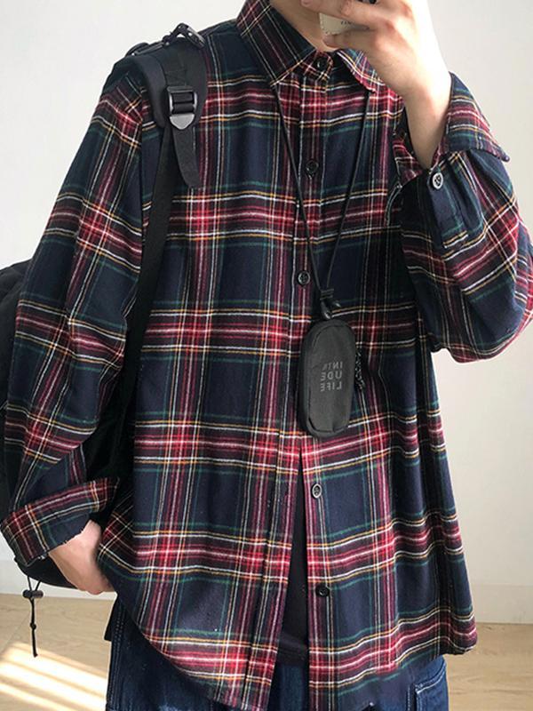 Men's Vintage Plaid Print Long Sleeve Blouse Product Image
