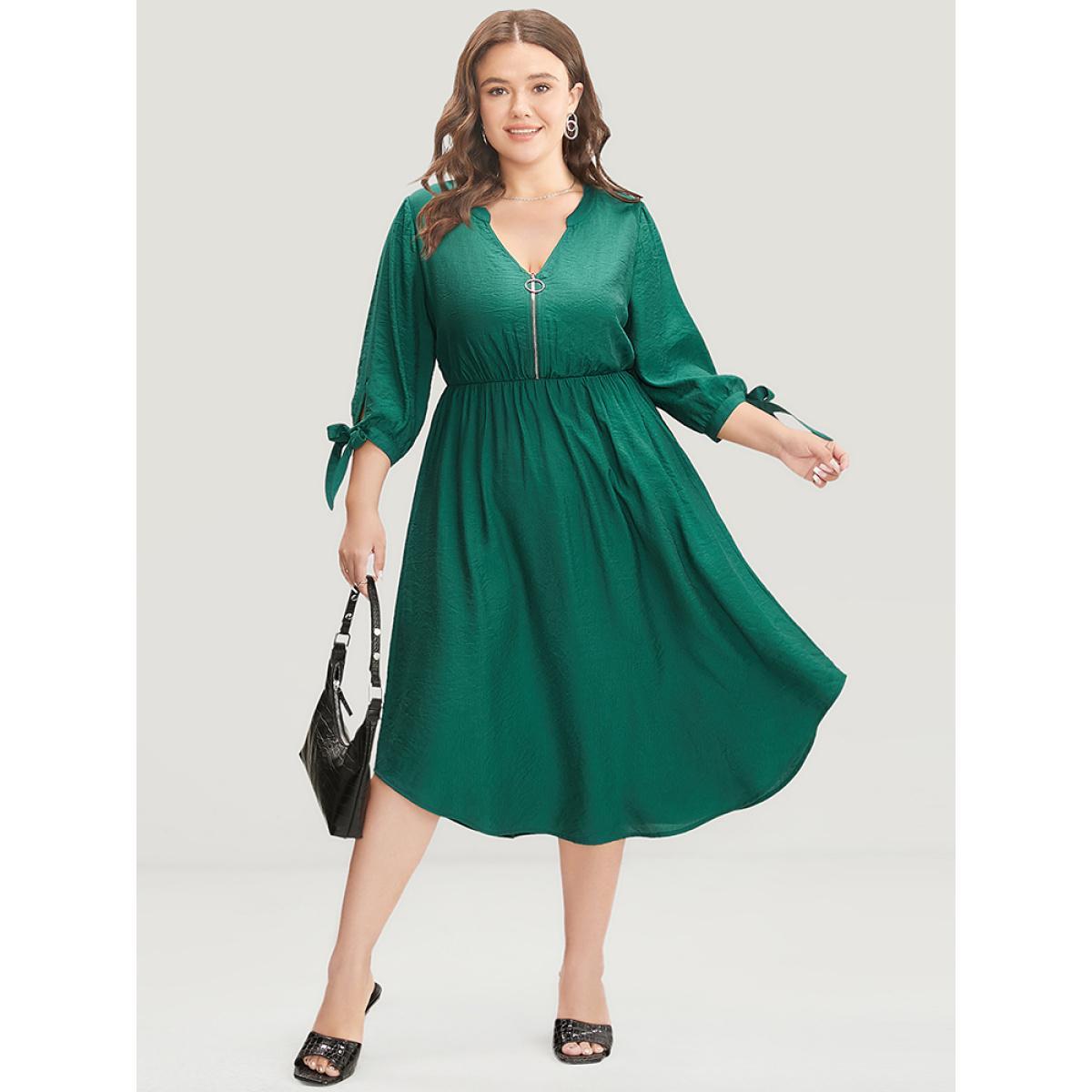 Plus Size Solid Pocket Knot Sleeve Half Zipper Arc Hem Dress DarkGreen Women Office Cross straps V-neck Elbow-length sleeve Curvy Midi Dress BloomChic 18-20/2X Product Image