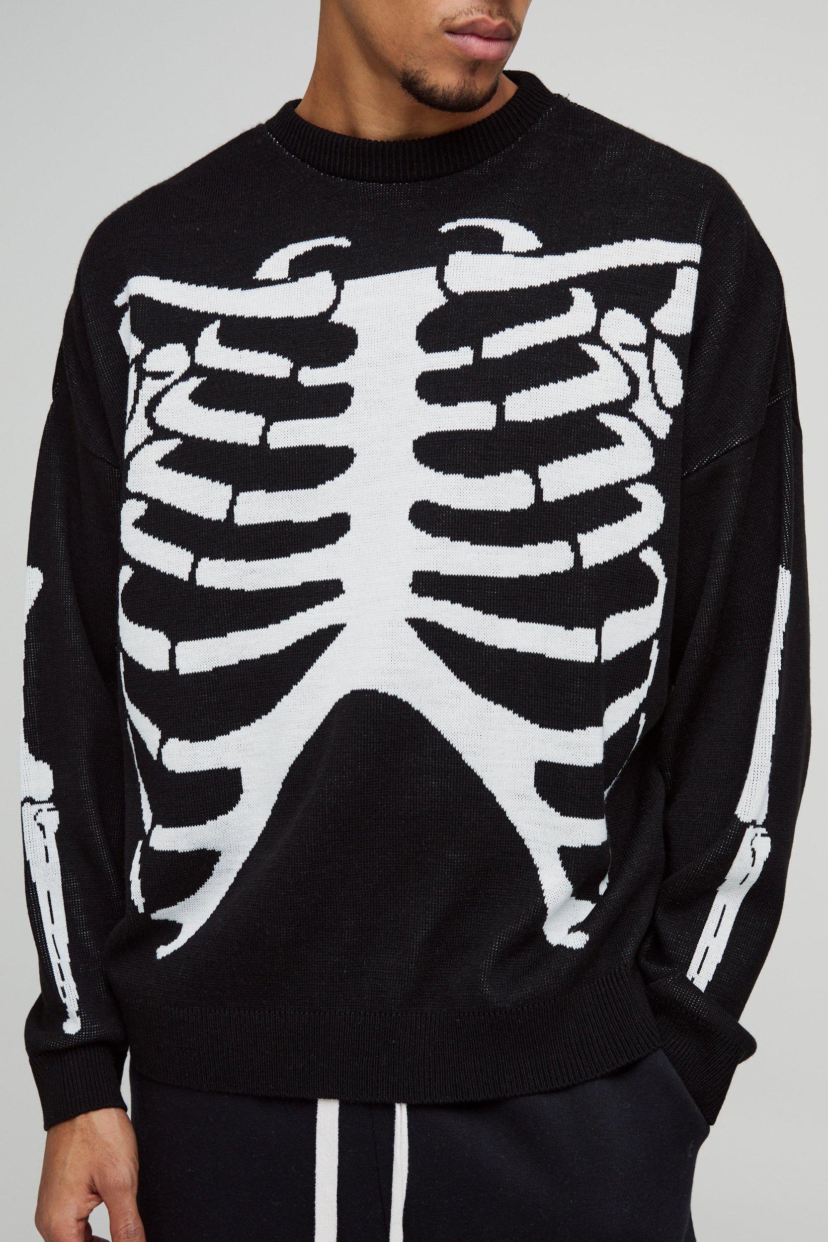 Oversized Drop Shoulder Skeleton Print Knitted Sweater | boohooMAN USA Product Image
