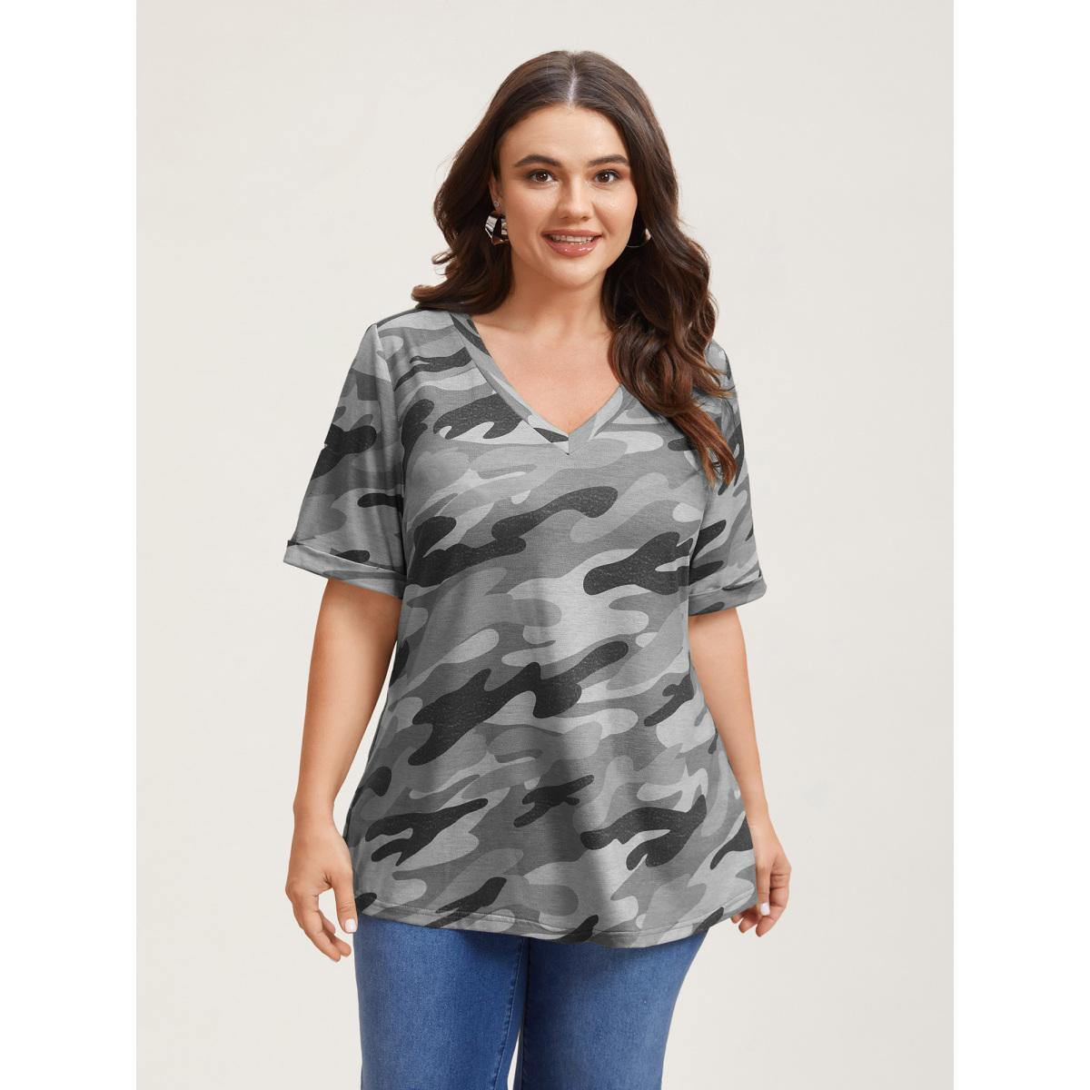 Plus Size Camouflage Print V-Neck Curvy T-Shirt DarkGray Women Elegant Roll Hem V-neck Everyday T-shirts BloomChic 22-24/3X Product Image