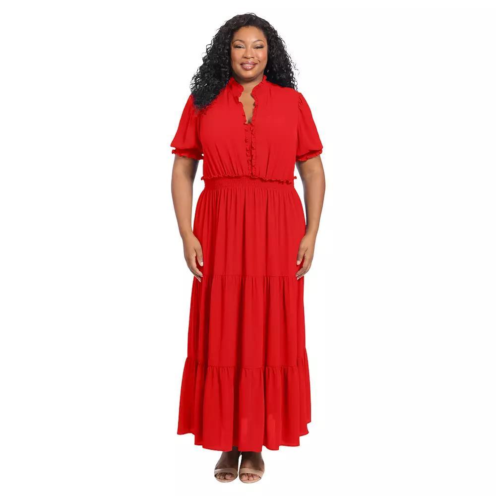 Plus Size London Times Smock Puff Sleeve Ruffle Neck Maxi Dress, Women's, Size: 14 W, Red Product Image