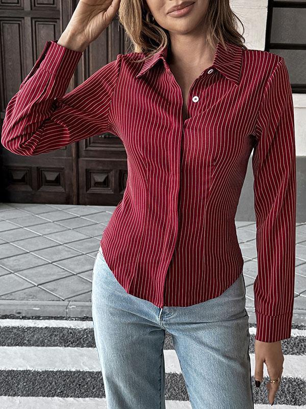 Long Sleeves Skinny Buttoned Contrast Color Striped Lapel Blouses&Shirts Tops Product Image
