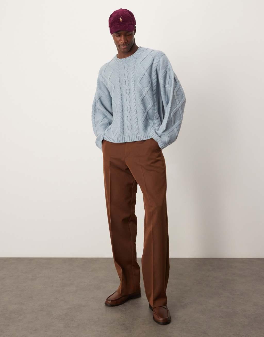 ASOS DESIGN oversized heavyweight wool mix cable sweater with crew neck in light blue Product Image