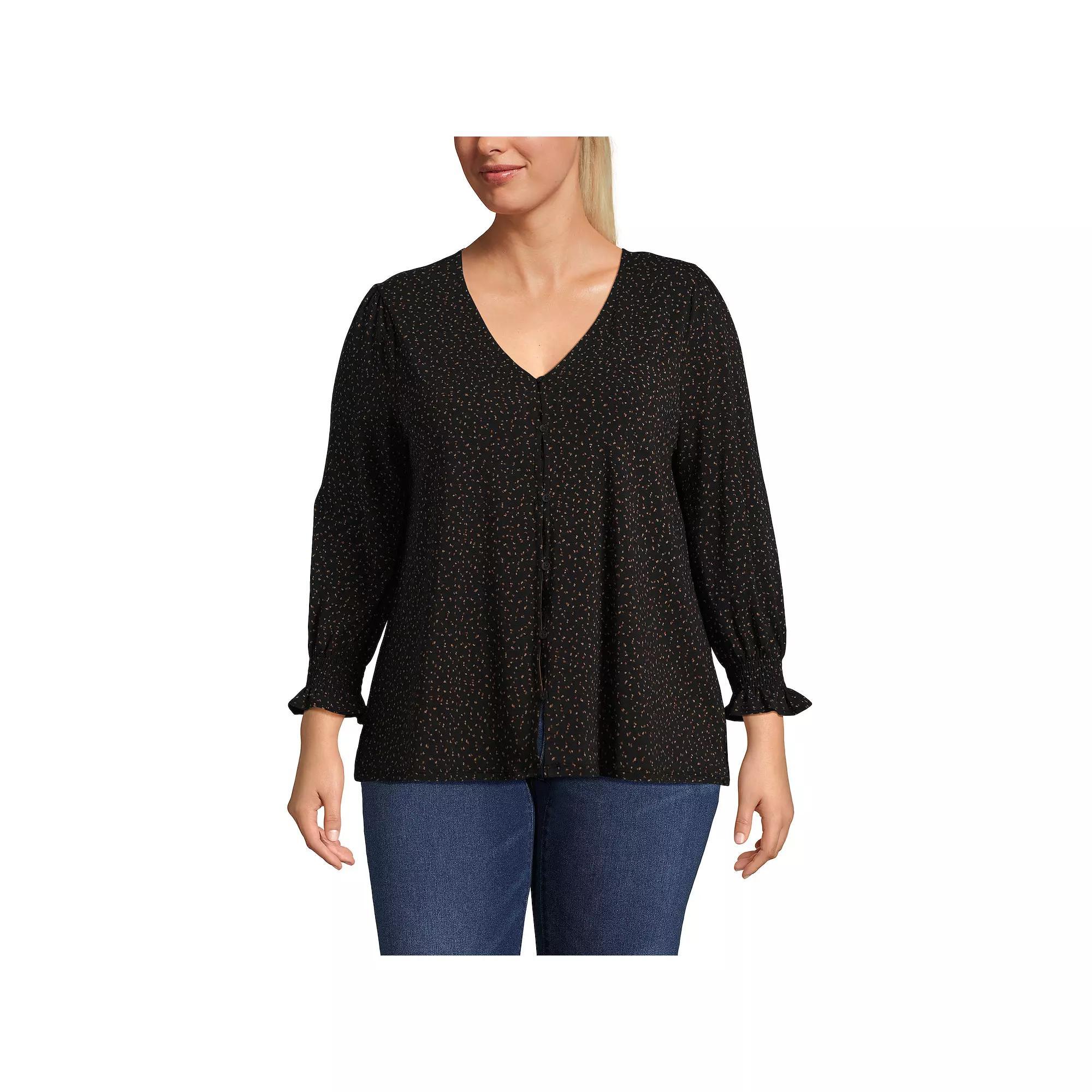 Plus Size Lands' End 3/4 Sleeve Lightweight Jersey Button Front Top, Women's, Size: 1XL, Deep  Blue Bloom Product Image
