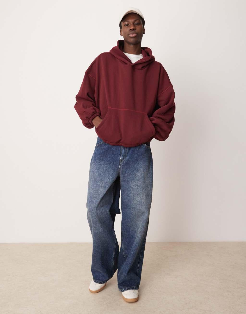ASOS DESIGN extreme oversized boxy hoodie with underarm panels in burgundy Product Image