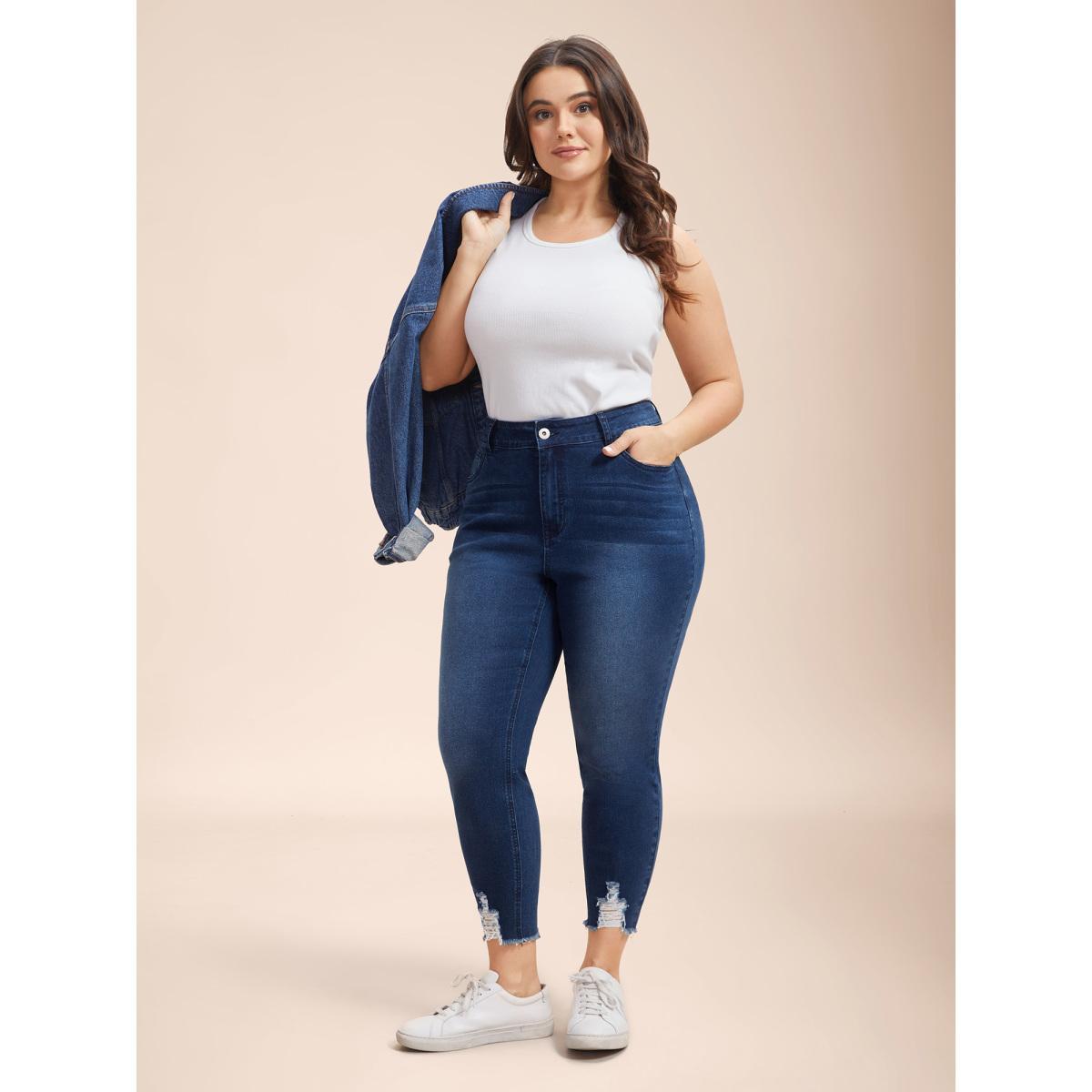 Plus Size Mid-Rise Whiskered Slim-Fit Jeans Women Bluevintage Casual High stretch Slanted pocket Jeans BloomChic 12/L Product Image