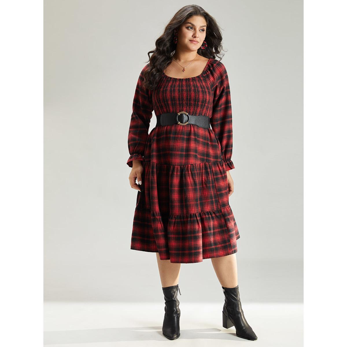 Plus Size Plaid Shirred Pocket Ruffle Trim Midi Dress Raspberry Women Elegant Gathered Square Neck Long Sleeve Curvy Midi Dress BloomChic 26/4X Product Image