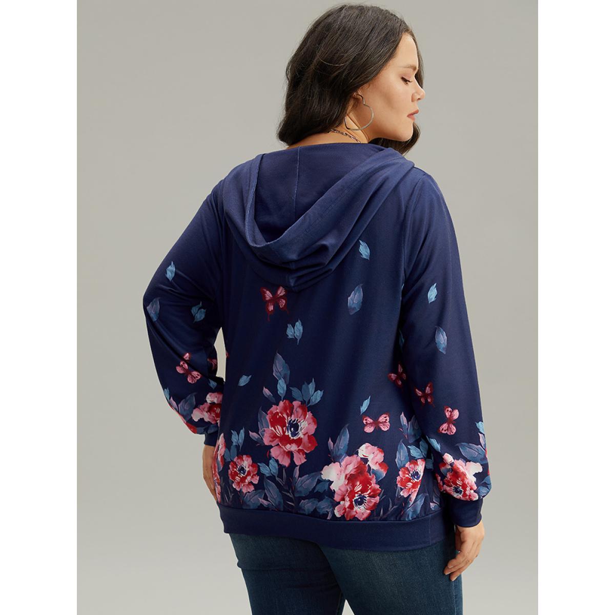 Plus Size Floral & Butterfly Print Hooded Drawstring Sweatshirt Women Multicolor Casual Printed Hooded Dailywear Sweatshirts BloomChic 14-16/1X Product Image