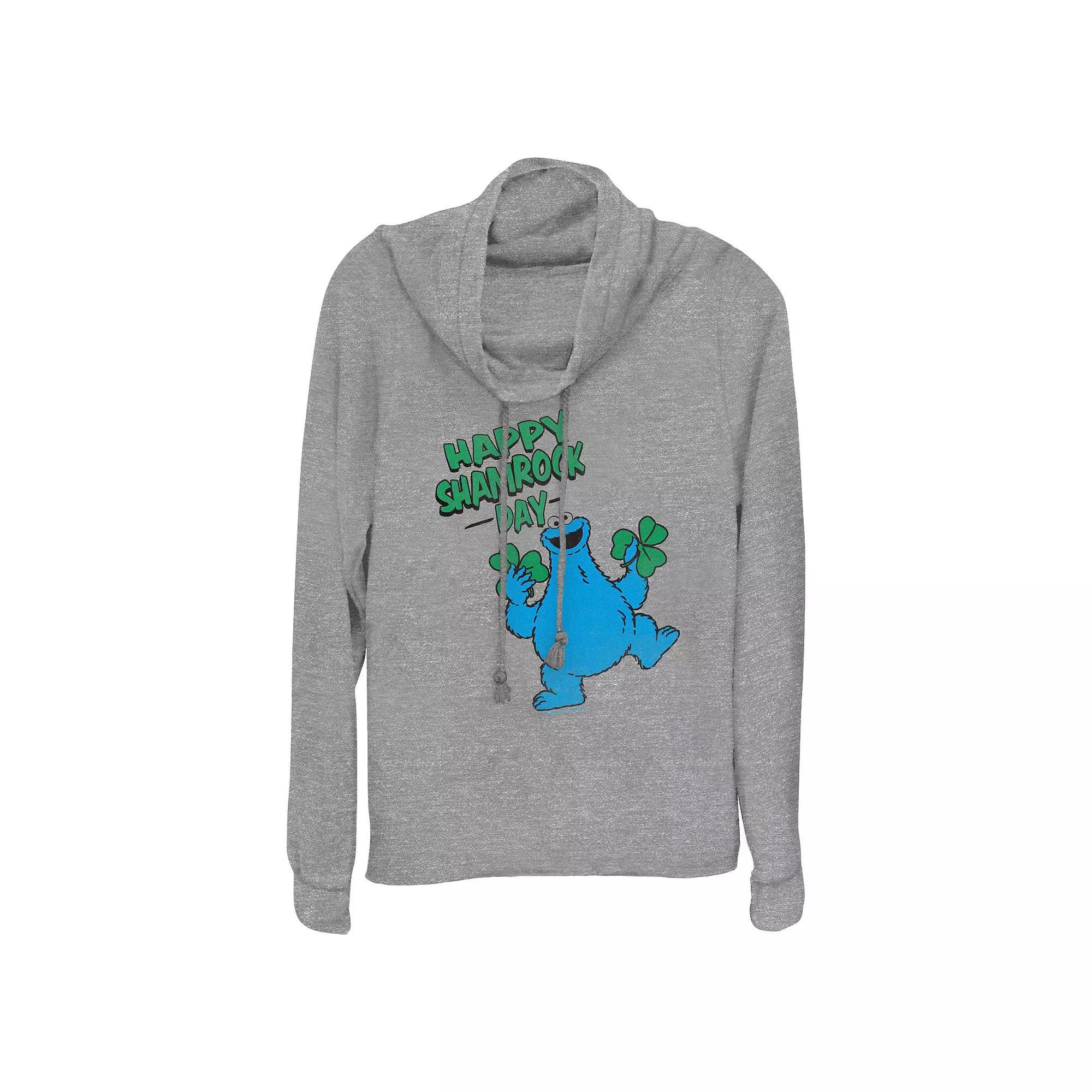 Womens PBS Kids Sesame Street Cookie Monster Happy Shamrock Day Cowlneck Graphic Lightweight Long Sleeve Gray Grey Product Image
