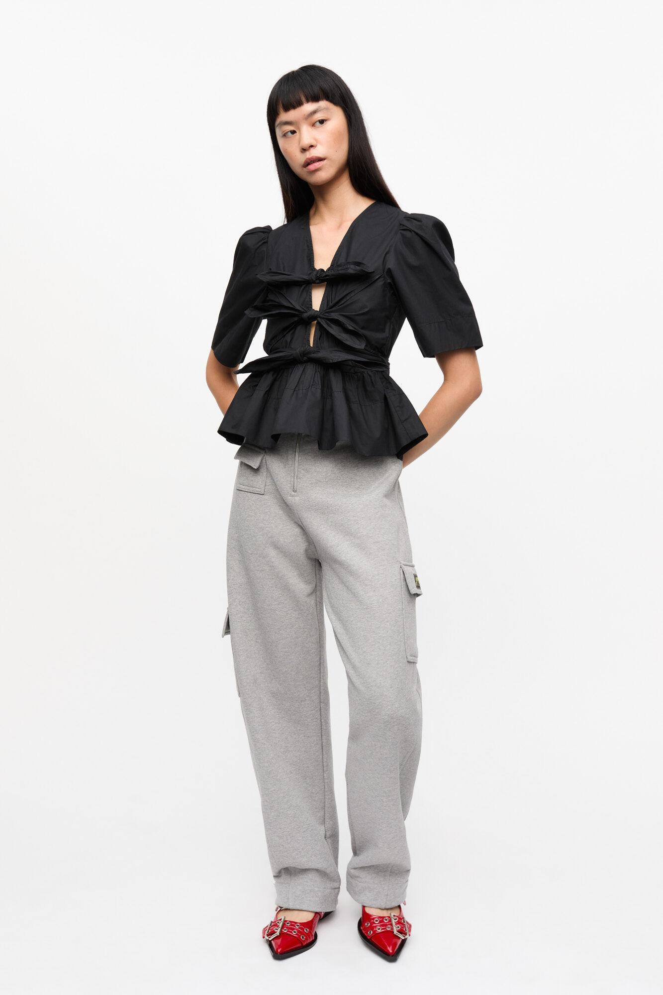 Black Stretch Cotton Tie Strap Blouse Product Image