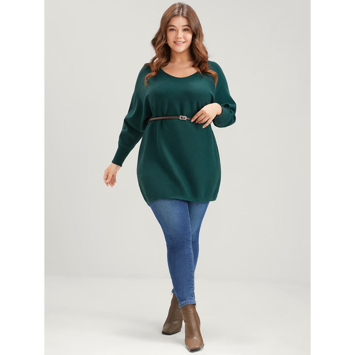 Plus Size Solid Soft Sexy Yarn Knit Dolman Sleeve Cold Shoulder Knit Top Cyan Women Elegant Loose Long Sleeve Scoop Neck Dailywear Pullovers BloomChic 14-16/1X Product Image