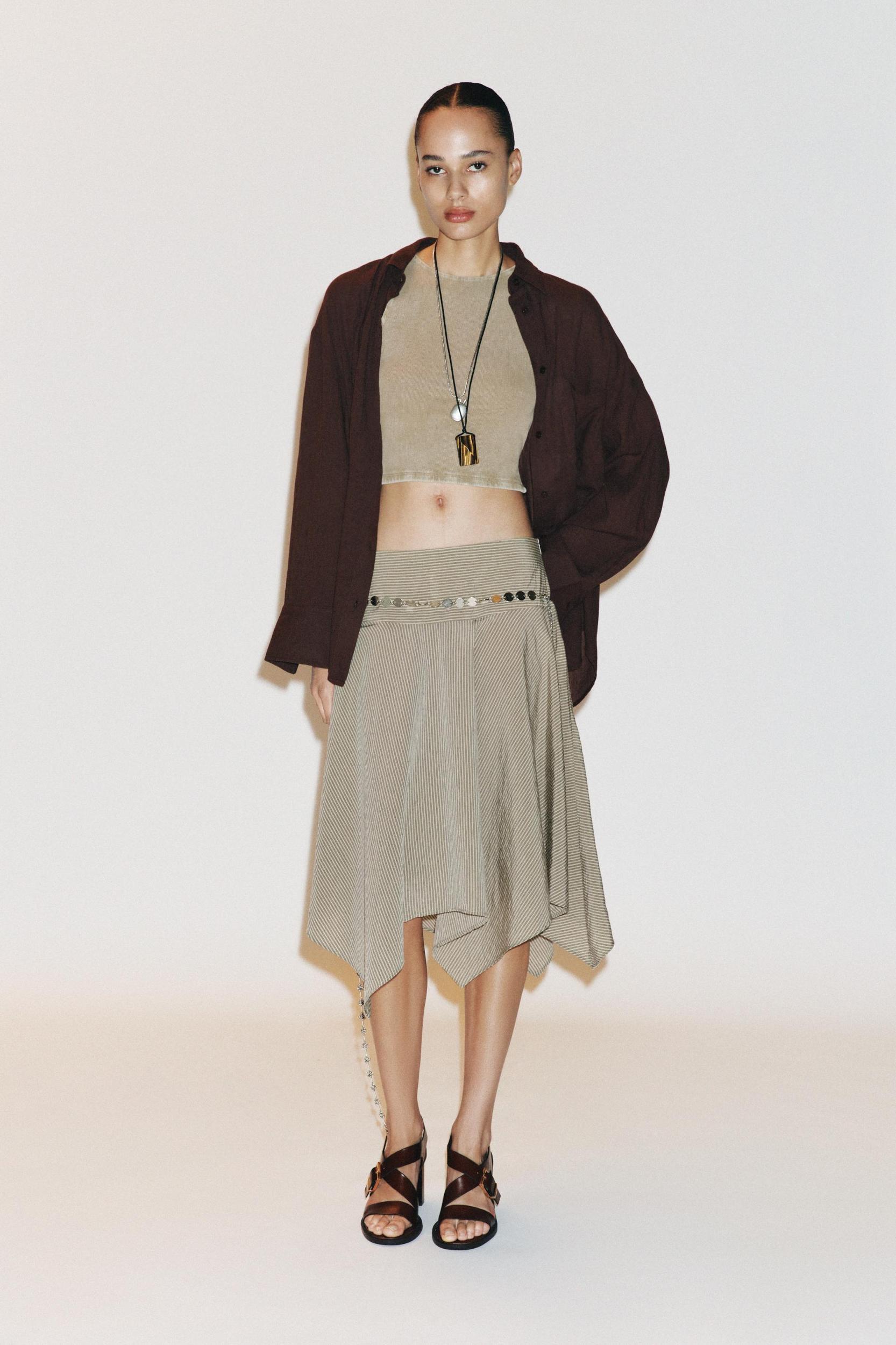 STRIPED ASYMMETRIC BELTED MIDI SKIRT Product Image